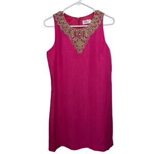 Eliza J Dress Shift Sheath Hot Pink Collar Gold Gem Linen Blend Embellished